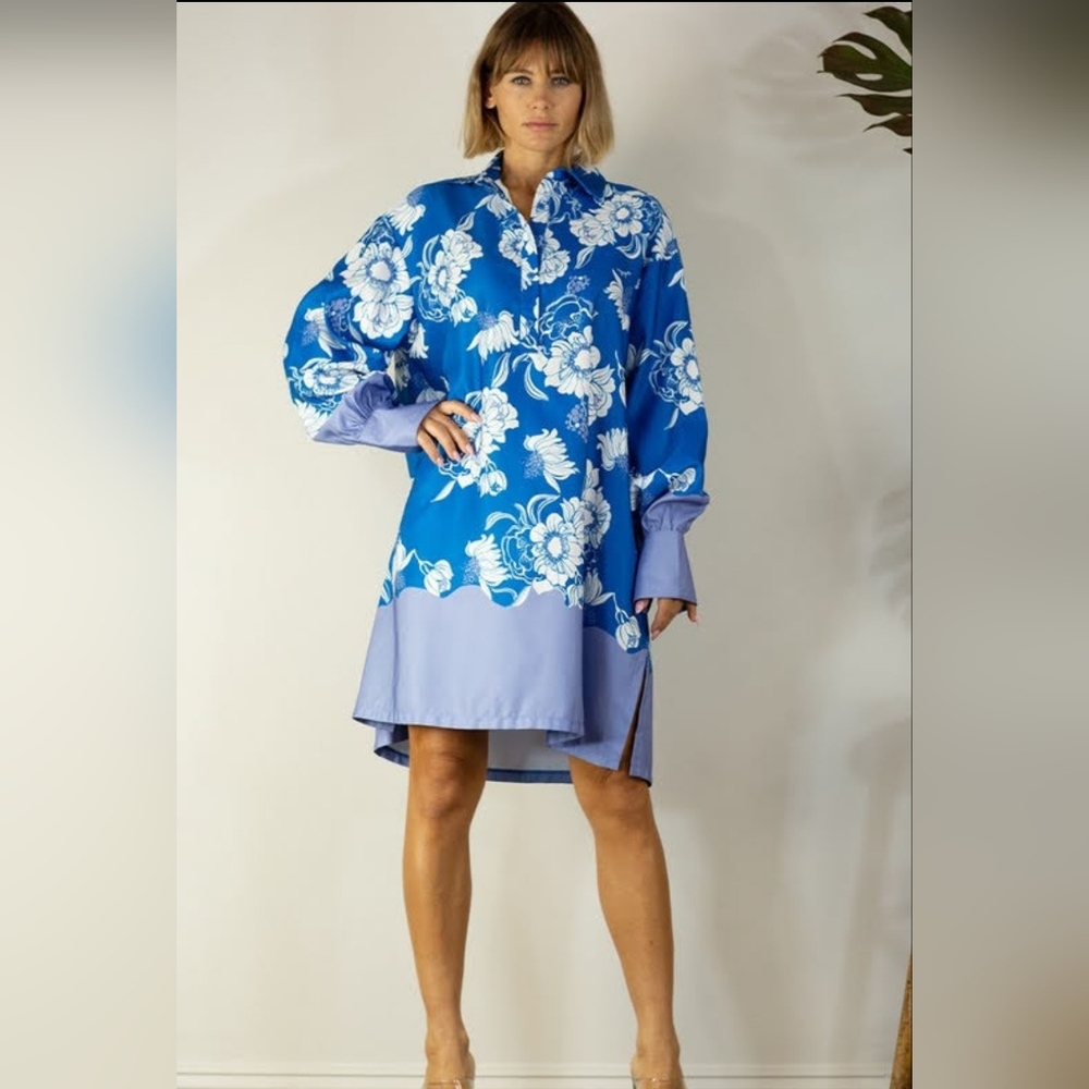 NWT, Modern-Cut Blue Floral Silky Shirt Dress